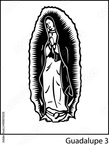Vertical illustration of the Virgin Mary of Guadalupe on white the background.