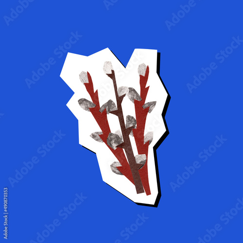 willow branches illustration in cut out paper technique. collage sticker