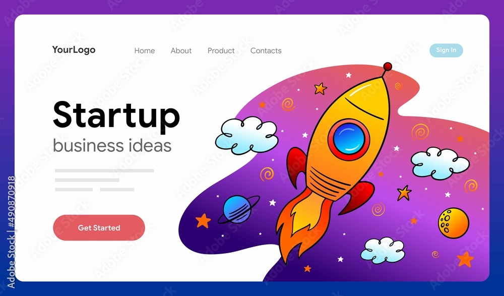 Startup concept banner with a rocket, clouds, planets and other business growth metaphors. Vector illustration banner for landing and web