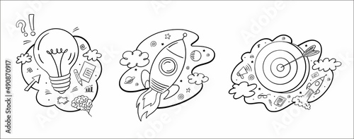 Black and white illustration with rocket, bulb and target. Vector hand drawn start up and idea for business symbols