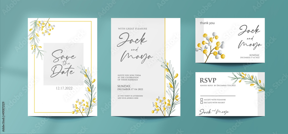 Soft grey wedding invitation with watercolor flower  hand painting 