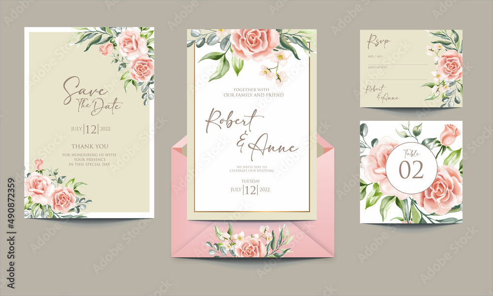 elegant wedding invitation with dusty rose flower template set Stock ...