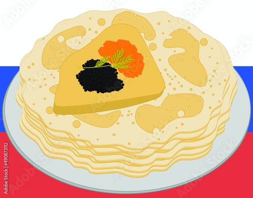 Russian food. Pancakes with black and red caviar. Vector illustration