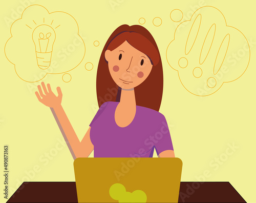 The girl at the computer had an idea. Vector illustration
