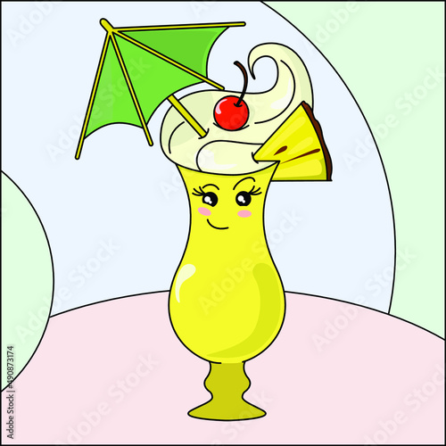 Pina colada cocktail with pineapple and cream, cute art. Vector illustration