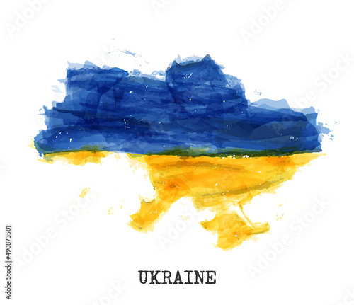Ukraine map and flag watercolor painting design . Realistic drawing country shape . White isolated background . Vector .