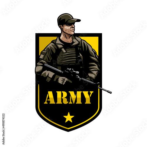 Army soldier in bulletproof vest with gun, logo, sticker, badge, emblem, vector