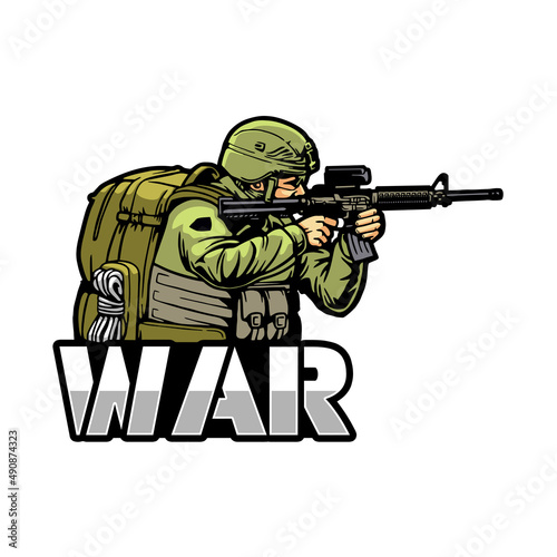 Military soldier in ammunition with rifle, vector, logo, sticker, emblem, cartoon