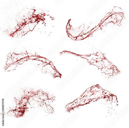 Collage of red liquid splashes. Liquid with splashes on a white background. A splash of wine or blood.