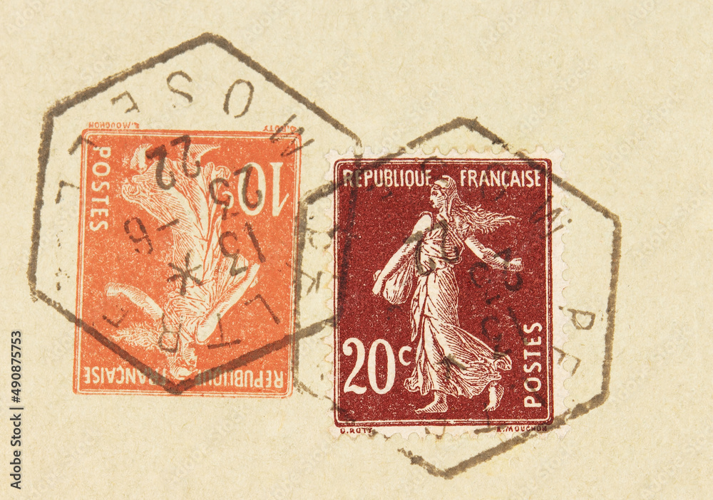 briefmarke stamp used gebraucht vintage retro alt old gestempelt cancel papier paper france frankreich french 1923 braun orange beige Mosell