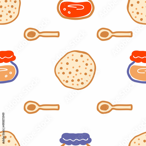 Hand drawn pancakes and jam Shrovetide seamless pattern. Perfect for textile, menu, postcard and print. Doodle vector illustration for decor and design.