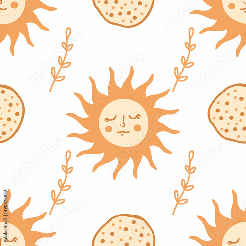 Hand drawn pancakes and sun Shrovetide seamless pattern. Perfect for textile, menu, postcard and print. Doodle vector illustration for decor and design.