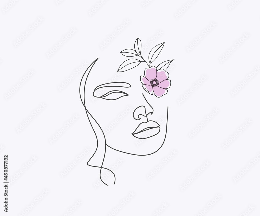 Woman Nature Line Drawing, Abstract Face With Flowers And Leaves Illustration