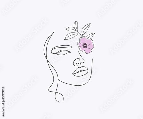 Woman Nature Line Drawing  Abstract Face With Flowers And Leaves Illustration