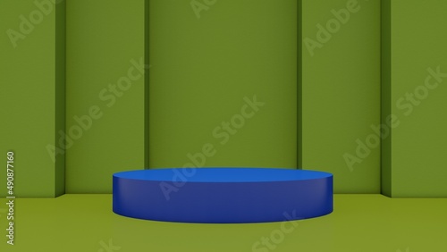 Blue circle cylinder pedestal for cosmetics promotion blank tamplate concept. Abstract minimalistic geometrical background. Pastel colors realistic 3d render. Place for text  copy space  text area