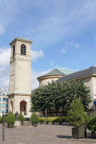 Saint-Germain-en-Laye, France - The tower of the Church of Saint-Germain (Église Saint-Germain in French), which was built in 1824.  Image has copy space.