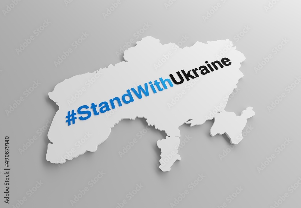 Stand with Ukraine hasttag on white Ukraine 3D map