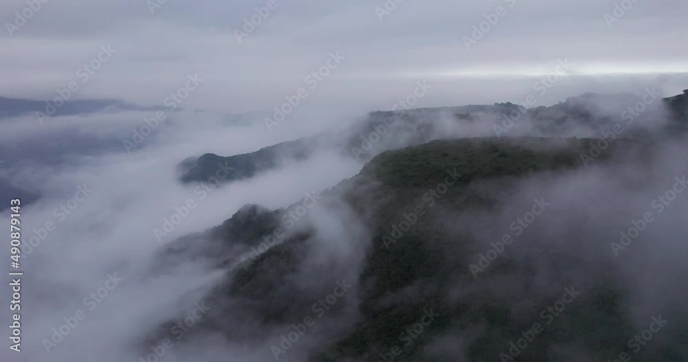 Drone over mountains and clouds in dark forest Drone over mountains and clouds in dark forest