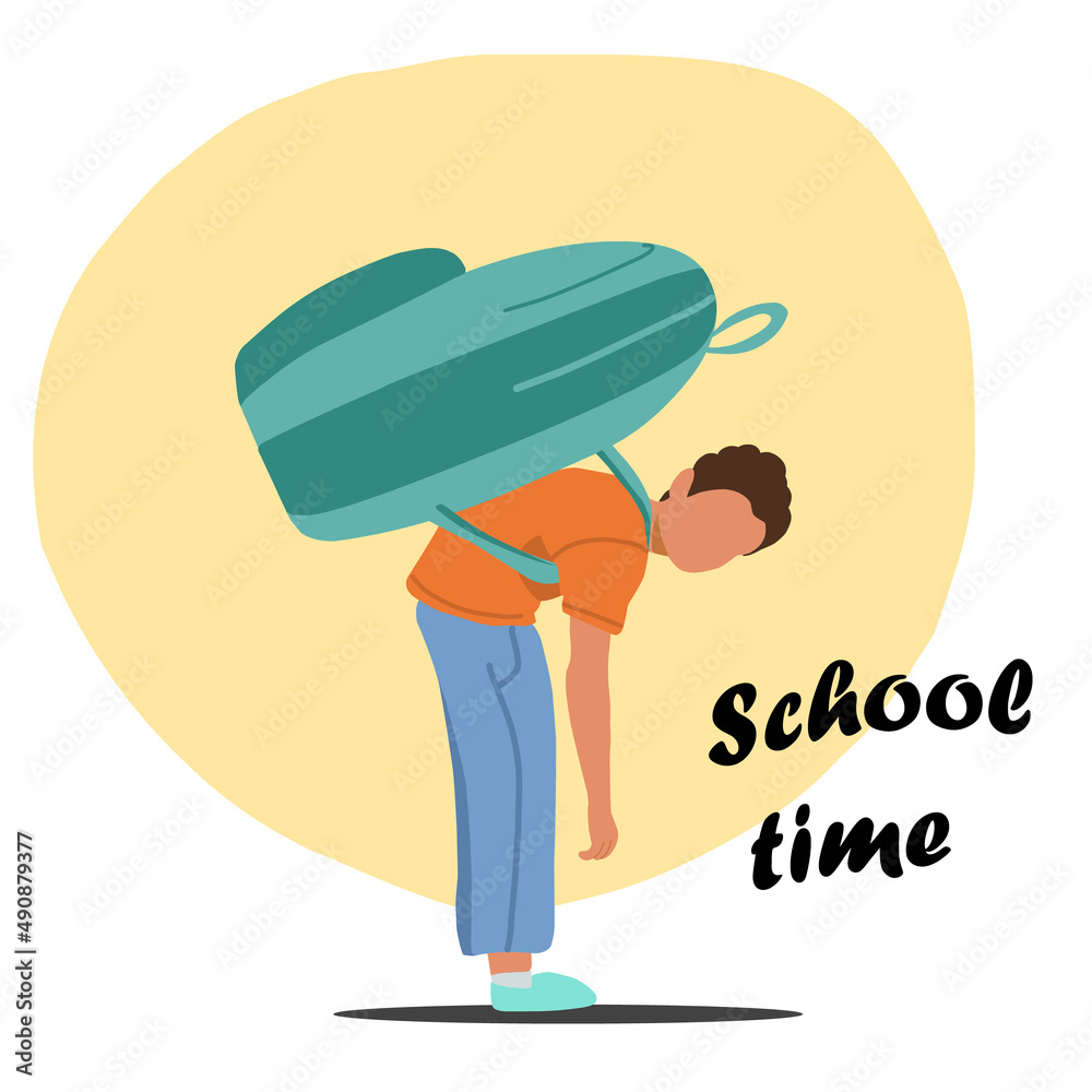 a little boy carries a heavy backpack, a schoolboy bent over from the