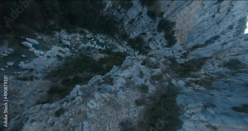 FPV drone over cliff and river in the gorges du verdon in France