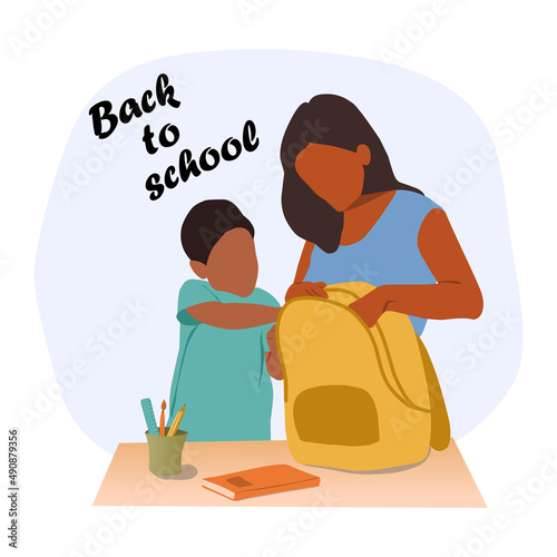 mom and the boy are packing a backpack for school, school preparation, vector illustration, go to school, back to school