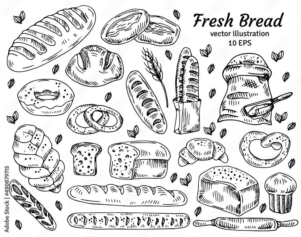 Set of drawings bakery theme. cakes, pies, Bread and pastry collection
