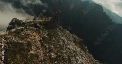 FPV drone above the mountains and clouds on the island of madeira
