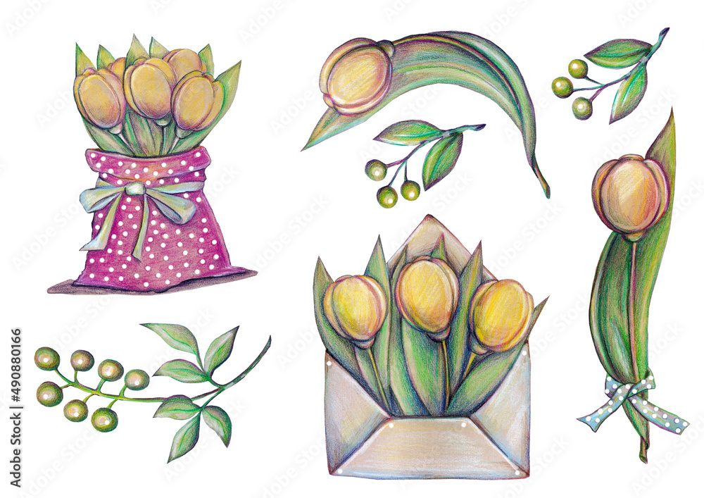 This spring set includes hand-drawn illustrations of yellow tulips with colored pencils. Ideal for greeting cards, textiles, stationery This spring set includes hand-drawn illustrations of yellow tulips with colored pencils. Ideal for greeting cards, textiles, stationery
