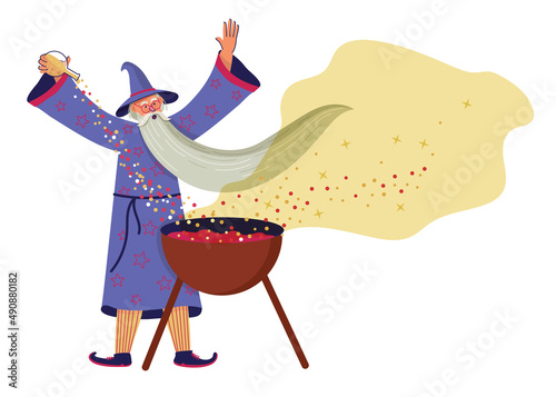 Wizard makes a magic potion. Elderly man in a mantle and hat with magical powers.