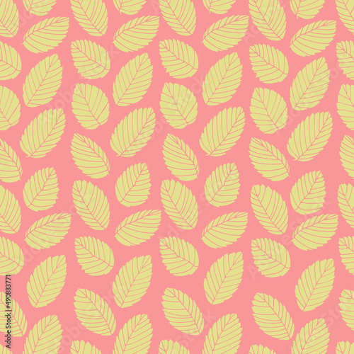 Seamless pattern with elm tree branches and leaves on Coral background for surface design, wallpaper, fabrics, home decor. Monochrome pastel realistic line art