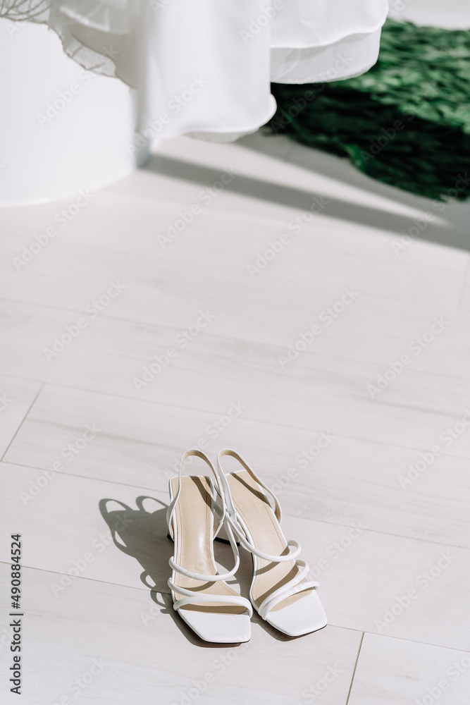Bridal Leather Shoes Standing on Parquet Photo