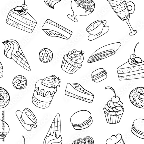 Seamless pattern with sweet dessert doodles. Hand drawn cakes on white background. Vector illustration.