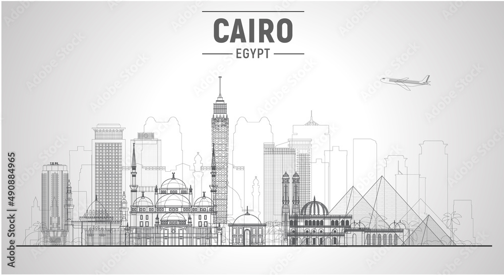 Cairo (Egypt) line skyline on a white background. Flat vector illustration. Business travel and tourism concept with modern buildings. Image for banner or web site. - obrazy, fototapety, plakaty 