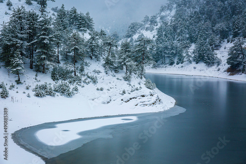 winter season, sunnet lake and snowy landscape photo