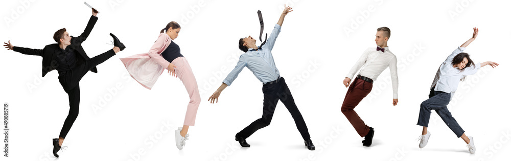 Happy office workers jumping and dancing in business style outfits, clothes on white background. Collage, flyer, poster Happy office workers jumping and dancing in business style outfits, clothes on white background. Collage, flyer, poster