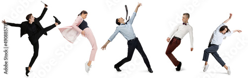 Happy office workers jumping and dancing in business style outfits, clothes on white background. Collage, flyer, poster