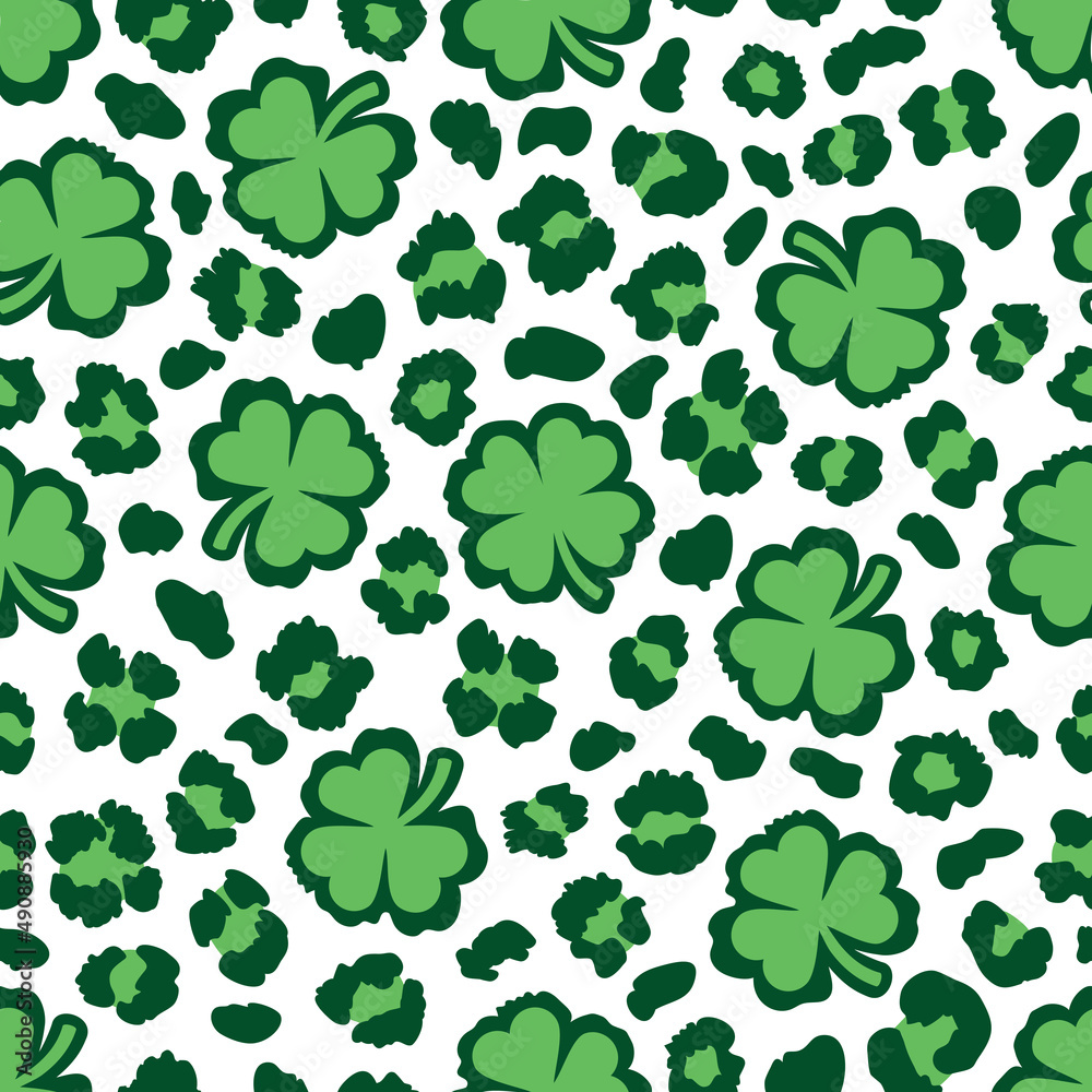 Shamrock and leopard print St. Patrick's Day seamless pattern. Shamrock seamless pattern, Cheetah repeating background. Vector illustration
