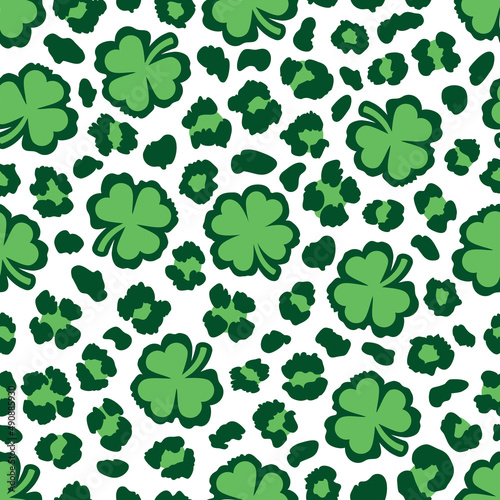 Shamrock and leopard print St. Patrick's Day seamless pattern. Shamrock seamless pattern, Cheetah repeating background. Vector illustration