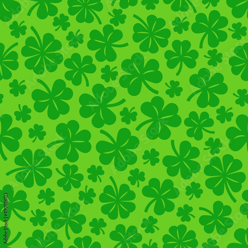 St. Patrick's Day green background, Shamrock seamless pattern. Lucky clover repeating pattern, Vector illustration