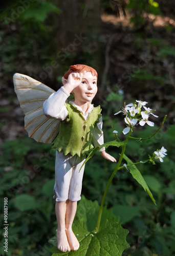 Closeup of a miniature gardening fairy statue near a Arabidopsis thaliana photo