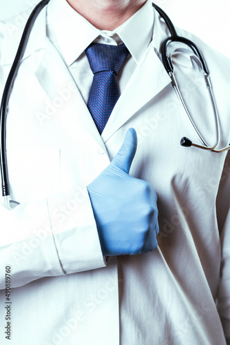 Doctor gesture hands medical background. Happy nurse in blue gloves, hospital uniform, stethoscope isolated on white. Close up, copy space background.