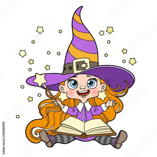 Cute cartoon witch sit on floor with a magic wand color variation for coloring page on white background