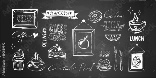 Vector illustration of fast food elements, logo and labels, frames, decorations, handwritten words, decoration for cafe menu on chalkboard. Chalk texture on blackboard.