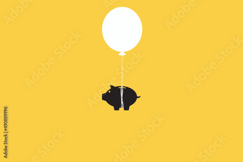 Piggy bank in a trapped position with a balloon . Could illustrate volatile and risky savings and investments or a market that's about to collapse shown in a conceptual way