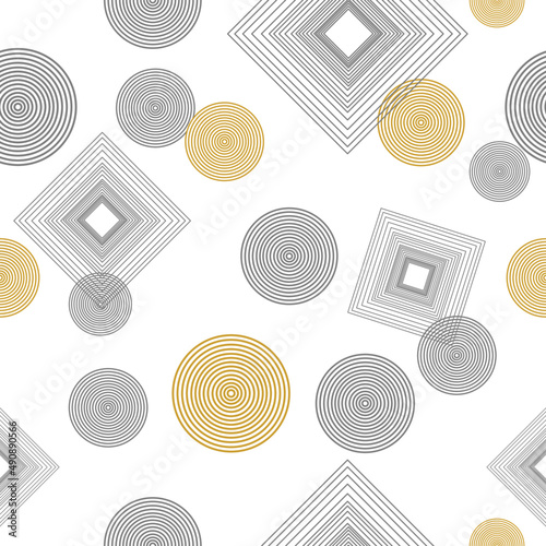 Seamless pattern of geometric shape in rectangle and circle in mulitple layer in grey and yellow on white background for wrapping paper and cover or textile photo