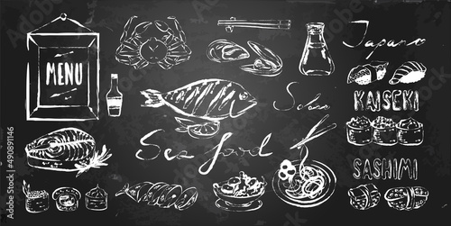 Vector illustration of seafood and japan kithen, sushi and fish dishes, handwritten words, decoration for cafe menu on chalkboard. Chalk texture on blackboard.