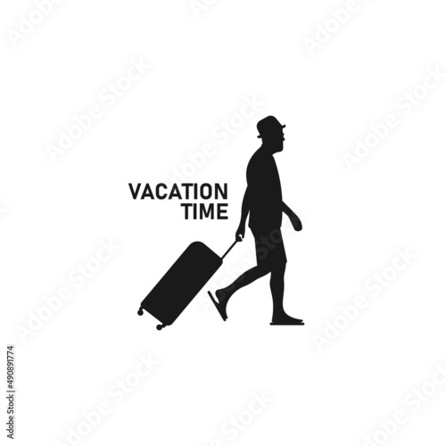 Walking man holding suitcase for vacation black vector silhouette or logo illustration.