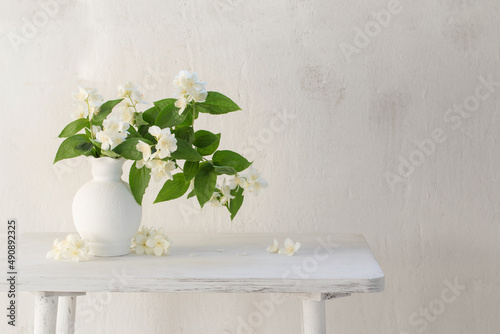 jasmine flowers in ceramic vase on white background