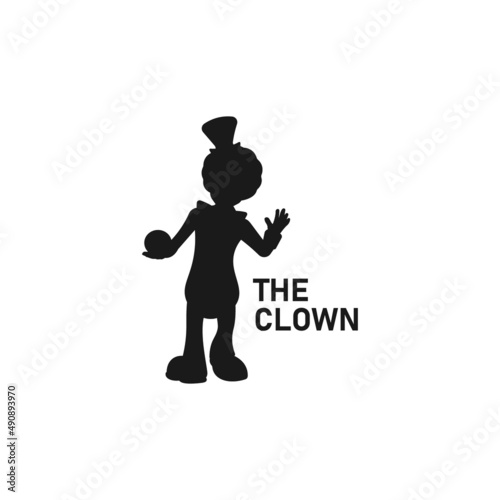 Standing clown black vector silhouette or logo illustration.