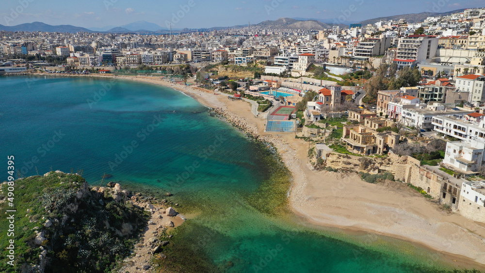 Aerial drone photo of beautiful round harbour and beach front of  Zea or Passalimani in the heart of Piraeus, Attica, Greece